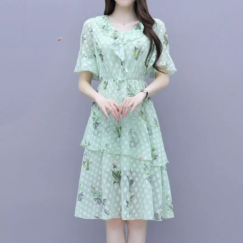 

2021 New Spring Summer Sweet Chiffon Lace Dress Fashion Bow Tie Long Dresses For Women Short Sleeve Print Casual French Skirt