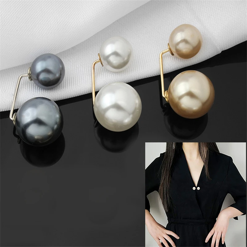 2PCS Simple Double Pearl Brooch Sweater Collar Needle Safety Brooch Pins Fashion Clothing Accessories Brooches for Women Gifts