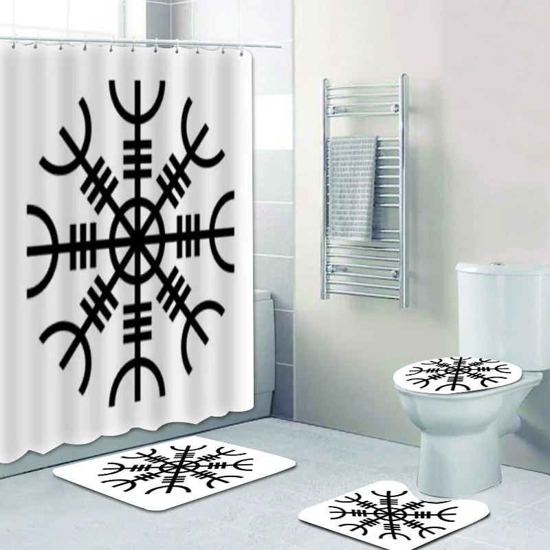 

Ancient Viking Symbol Helm of Awe Magic Runic Compass Vegvisir Shower Curtain and Bath Rug for Bathroom Mats Toilet Accessories