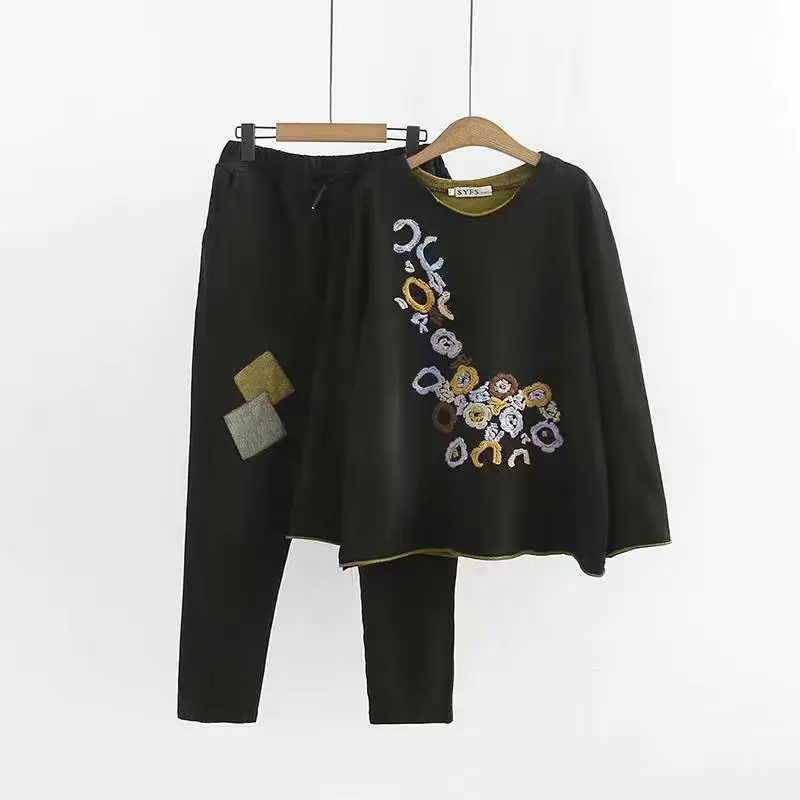 Женский хлопковый костюм с цветочной вышивкой повседневный черный топ круглым