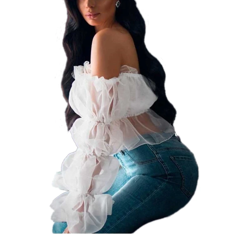

Женская летняя блузка с открытыми плечами и рюшами, сексуальная прозрачная блузка с длинным рукавом, женская шифоновая блузка, топы для жен...
