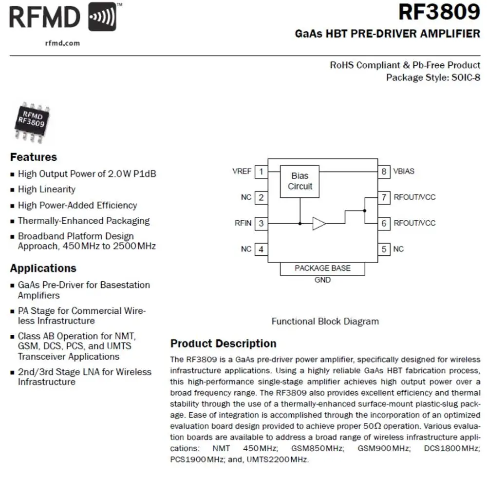 Новый высокочастотный широкополосный усилитель мощности Rf3809 2 Вт 0 8-1 ГГц |