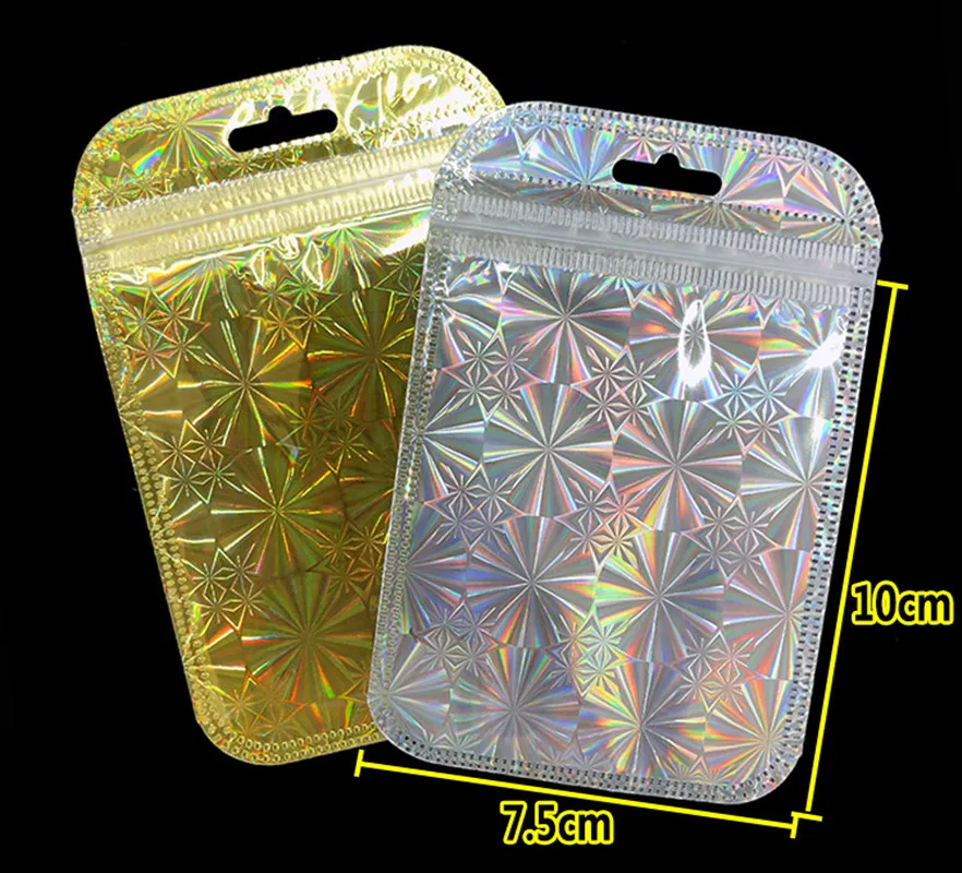 300pcs/lot Laser gold/silver aluminum foil bag self sealing plastic jewelry data line storage bags zip lock baggies package