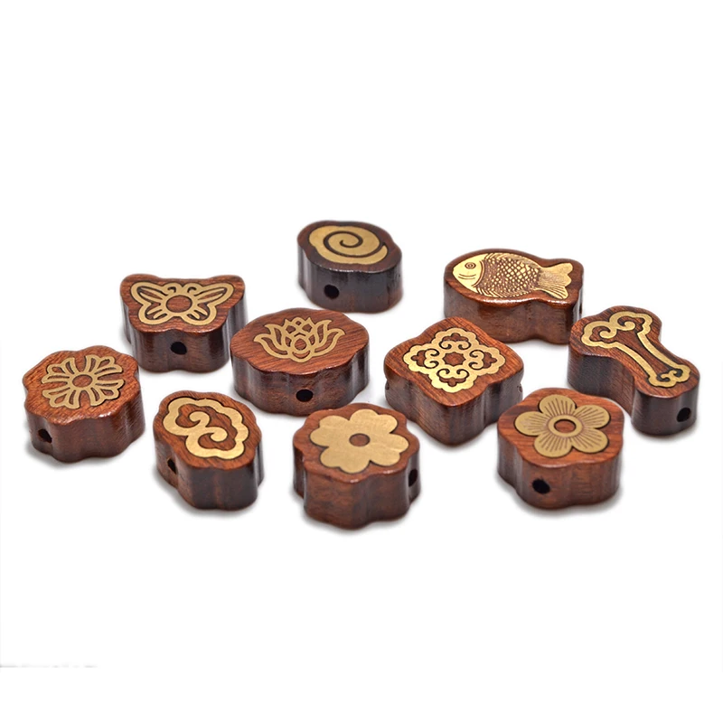 MZ201 Непальские инкрустированные медные бусины натуральные из розового дерева