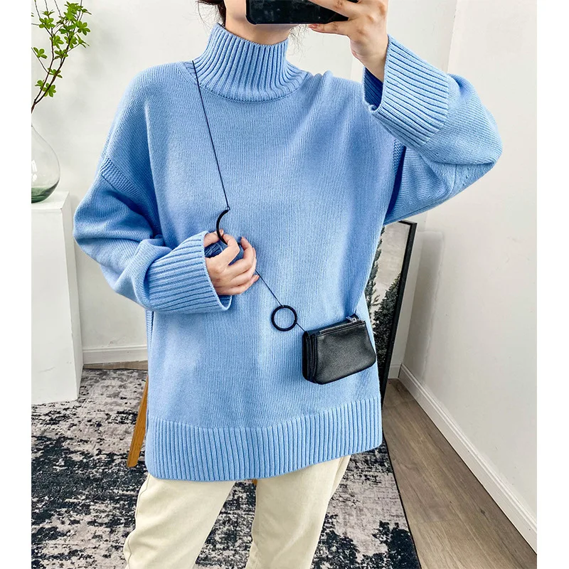 

Women Sweater 2021 Fall/winter New Wild Loose High Neck Long Sleeve Blue Sweater Women