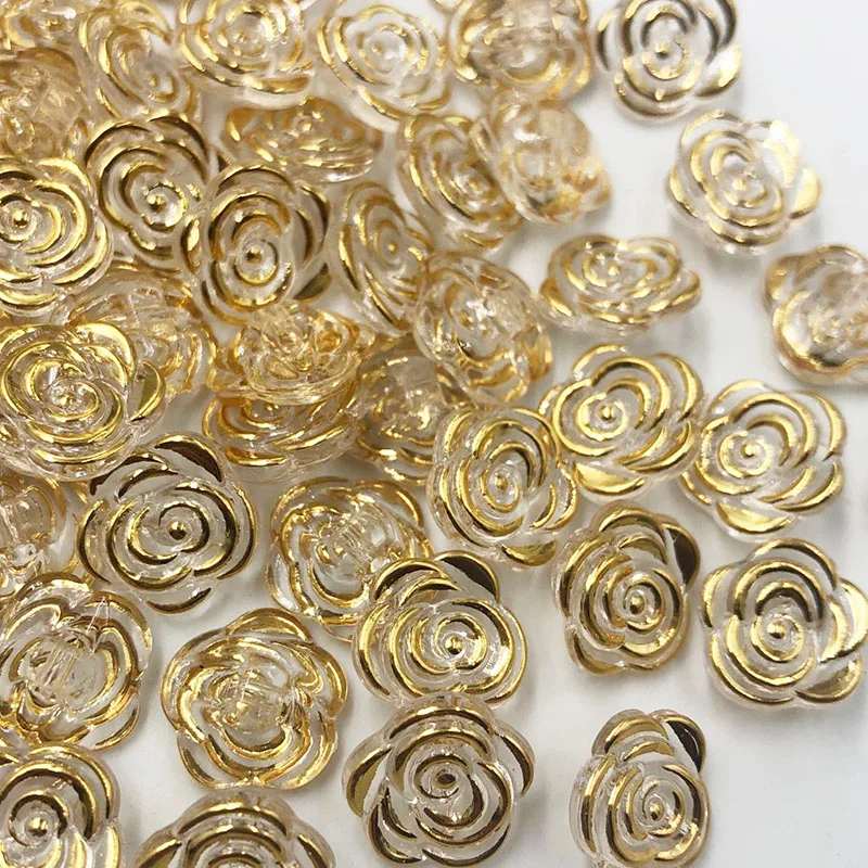 50/100pcs Gold transparent rose flower acrylic buttons for decoration handmade craft sewing accessories PT134