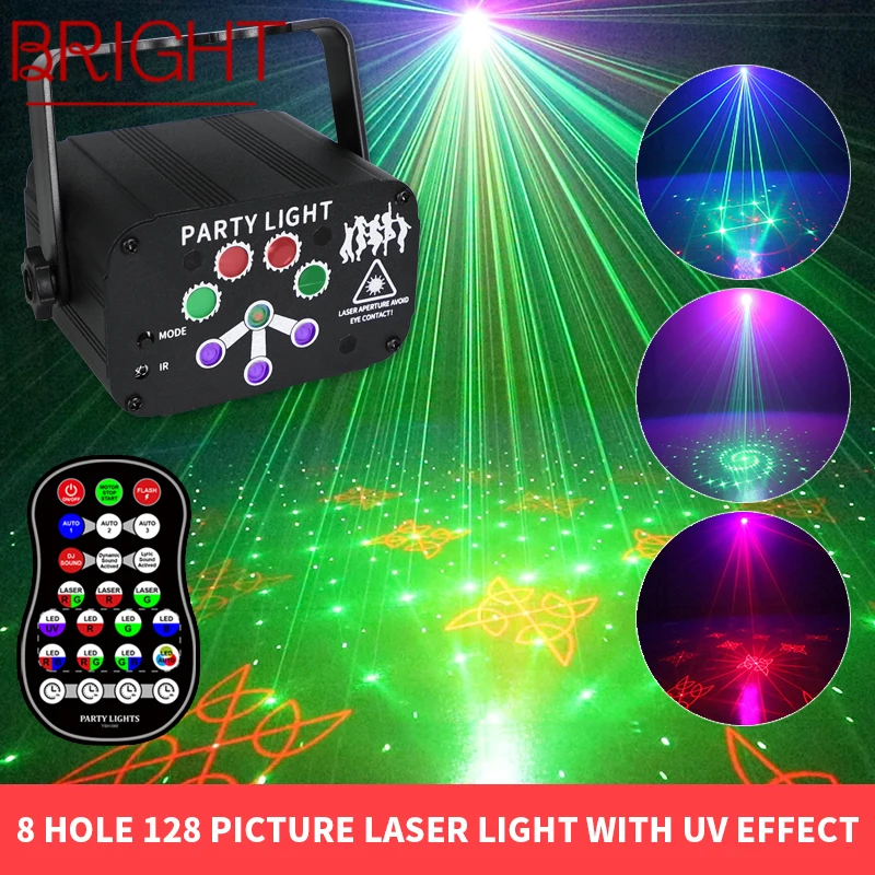 

BRIGHT 8 Hole 128 Figure Laser Light Stage Lamp Projection Flashlight USB Plug with Remote Control for Bar KTV