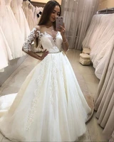 new lace wedding dresses half sleeves a line wedding dress court train lace appliques bridal gowns with beaded belt