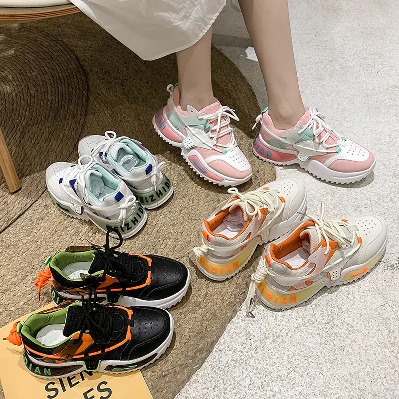 

Fashion Running Sneakers Women Pink Lace-Up Mesh Shoes Female 2021 Spring New Casual Green Travel Platform Shoe Woman 36-42