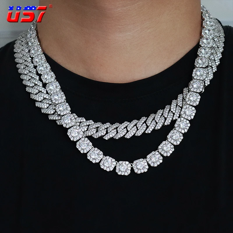 

US7 10MM Clustered Stones Tennis Chain In White Gold AAA CZ Stone Cubic Zircon Box Clasp Chokers Necklaces For Men Jewelry