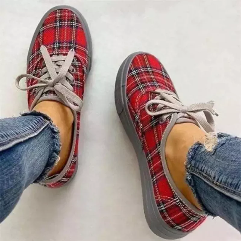 

Women's Canvas Plaid Round Toe Flat-heeled Thick-soled Non-slip Comfortable Classic Fashion All-match Casual Travel Shoes 5KE029