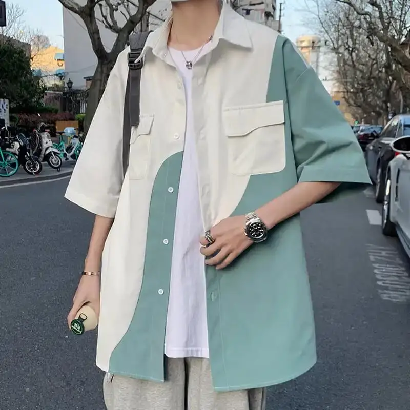 

Hip Hop Patchwork Shirts Oversize High Street Shirts Japanese Men Funny Shirts Short Sleeve Shirt Summer Loose Punk Blouse Shirt