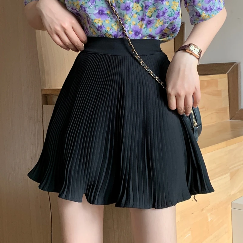 

Summer Laides A Line Retro Mini Skirts High Waist Solid Color Skirts Female Y2K Casual Pleated Skirts