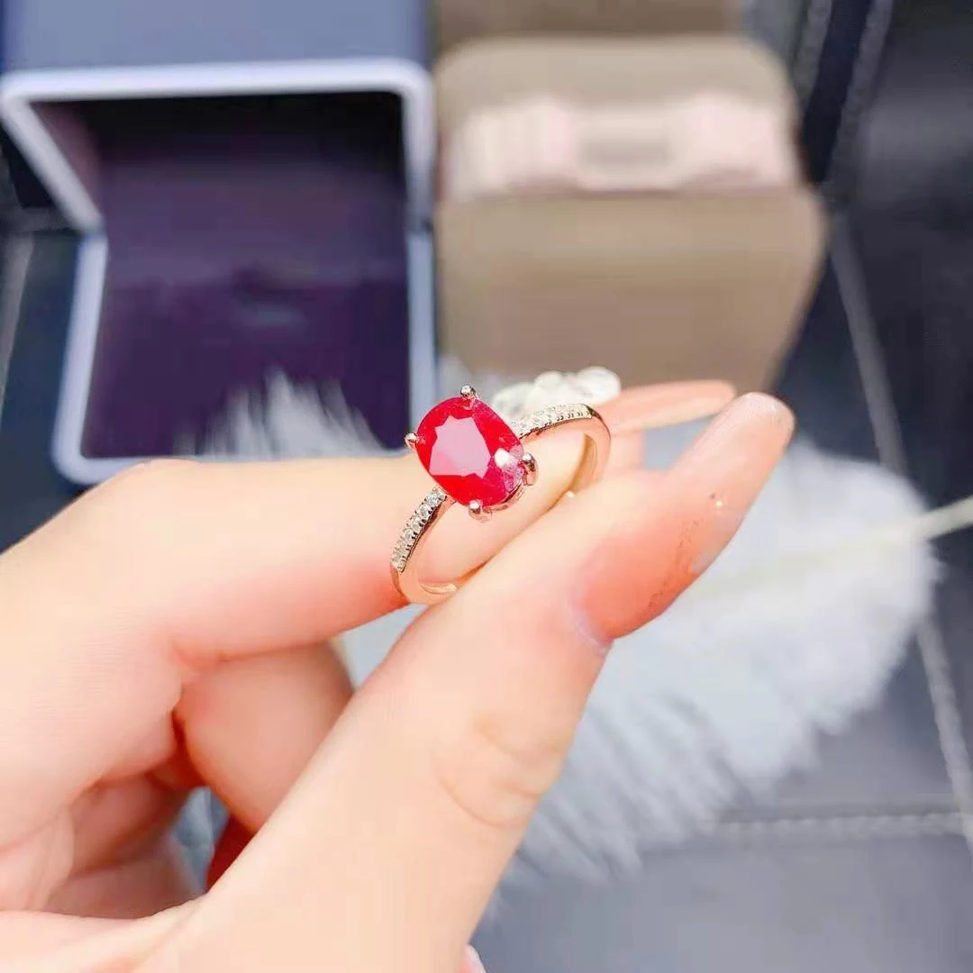 

Fine Natural Ruby Simplicity Ring Real 925 Sterling Silver Fashion Wedding Jewelry for Women MeiBaPJFS