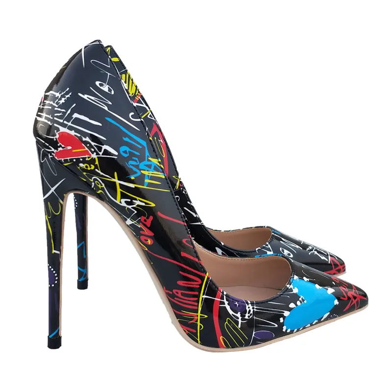 Черная обувь с граффити на высоком каблуке 12 см 10 8 пикантный заостренный