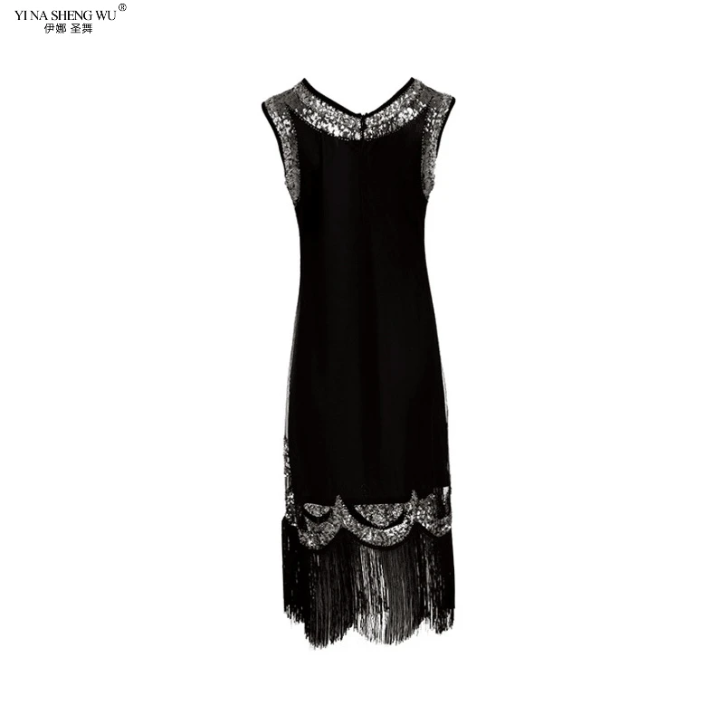 Винтажное платье миди Vestido, женское платье 1920 s, блестки, бисер, платье с кисточками, вечерние платья с оборками, черное платье для латинских танцев