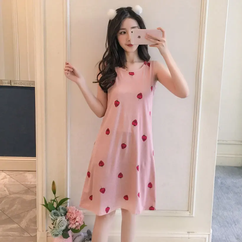 2021 Summer Vest Nightdress Women's Thin Nightwear Milk Silk Dress Round Neck Lovely Women's Nightgown Home Clothes Sleep Wear
