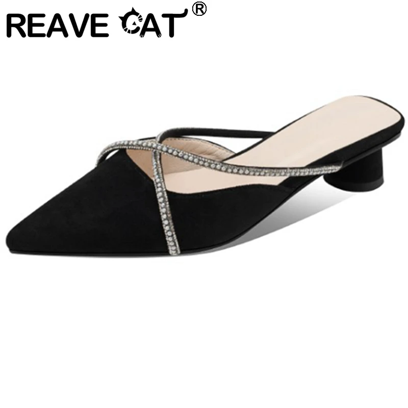 ?? 奪う猫新2021レディースサンダルスリッパミュールクローズポインテッドトゥクリスタル3.5センチメートル小さなラウンドヒールソフトスエードスリップパーティーでカジュアル