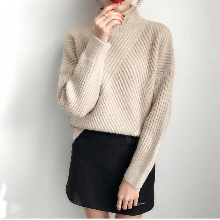 H.SA Women Winter Sweater Turtleneck Pullovers Vertical Solid Knit Pull Jumpers Beige Warm Thick Femme 2021 | Женская одежда