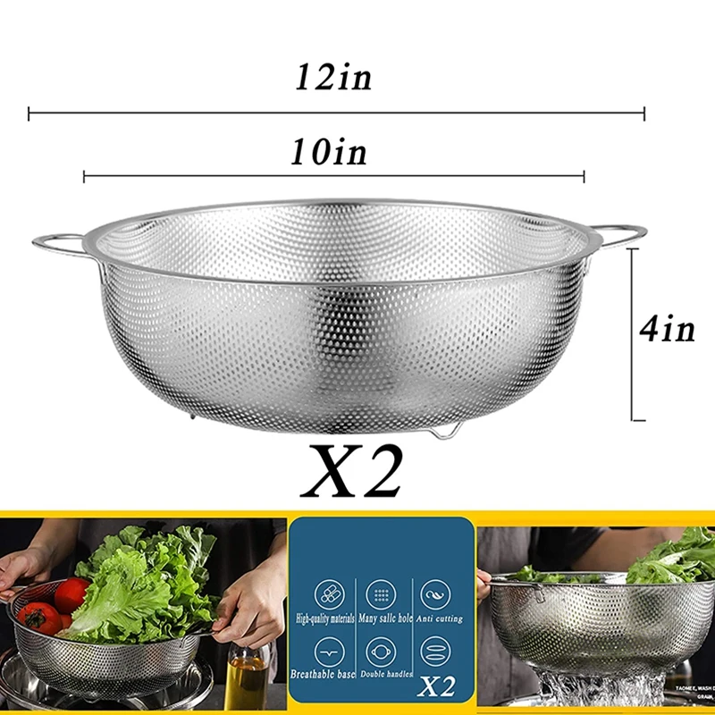 

Colander Stainless Steel 4.5 Quart 2 PCS Micro-Perforated Double Handle Triple-cornered Base Dent Resistant Anti Cutting