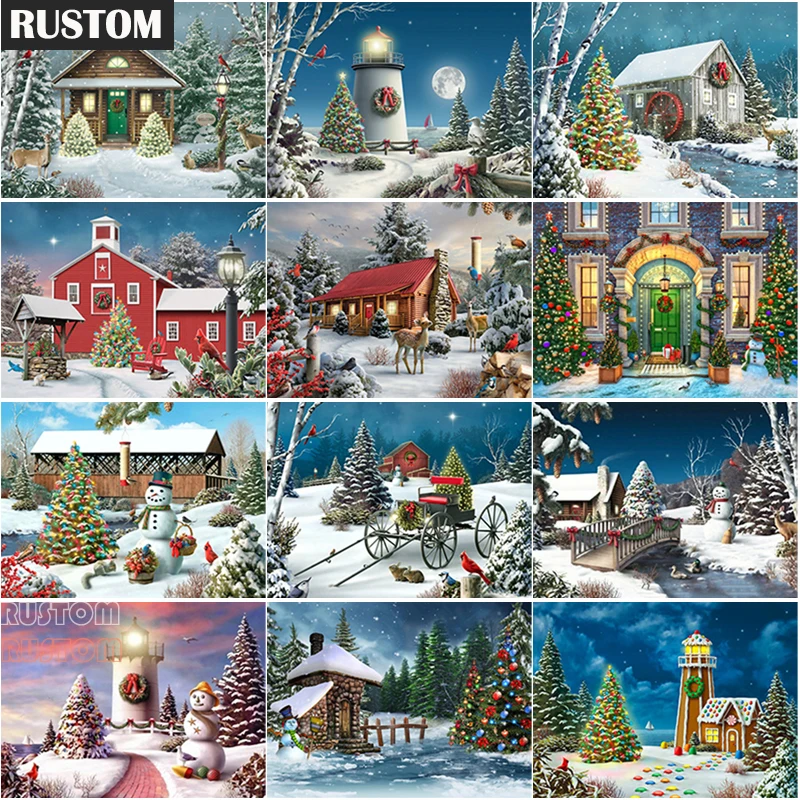 

RUSTOM New 5D DIY Diamond Painting Village Scenery Cross Stitch Snow Scene Diamond Embroidery Full Square Round Drill Manual Hom