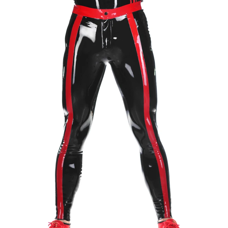 

Black And Red Sexy Latex Leggings With Trims Front Back Zippers Buttons Rubber Pants Trousers Bottoms CK-0088