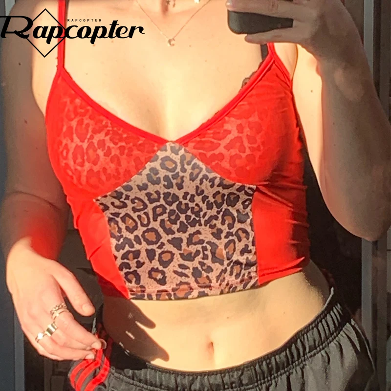 Rapcopter сетки Для женщин топ Прозрачная Футболка с леопардовым принтом в стиле