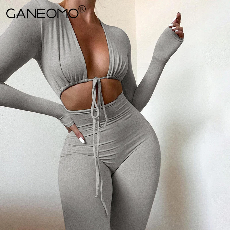 

Long Sleeve Bodycon Jumpsuits For Women Elegant Sexy Skinny Cut Out Bodysuit Autumn Winter Woman Outfits Gray Playsuit Rompers