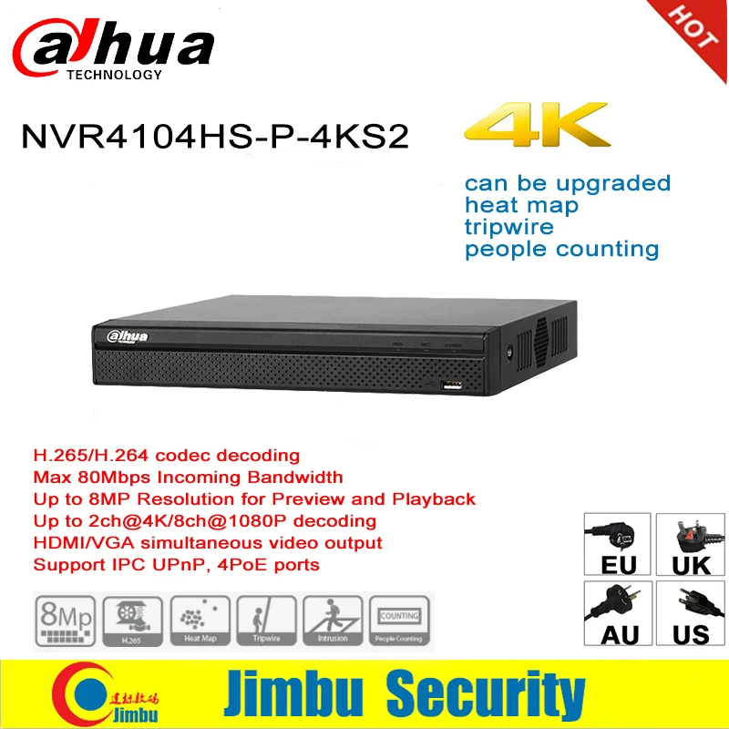 Dahua NVR P2P 4K poe сетевой видеорегистратор NVR4104HS-P-4KS2 4CH 4 POE порта H.265/H.264 до 8MP для ip-камеры