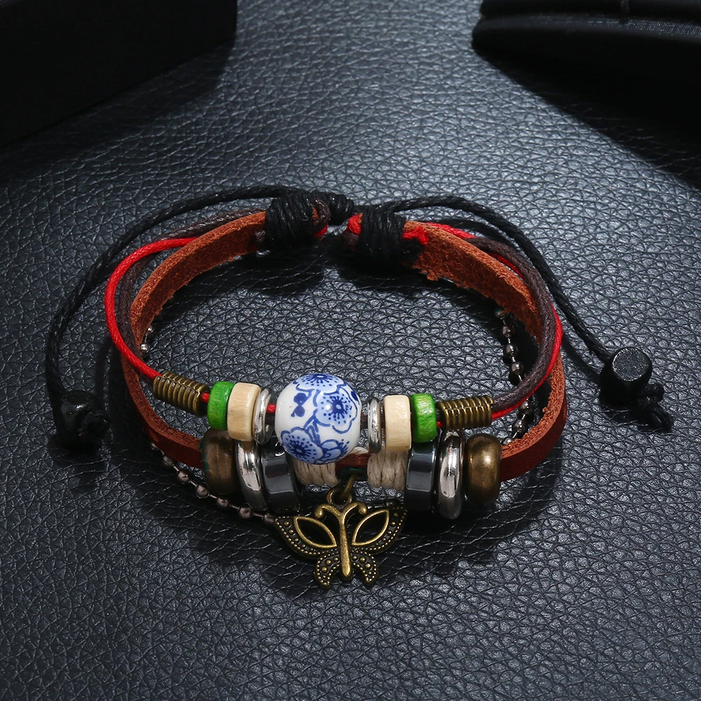 Модный винтажный Браслет манжета из сплава с подвесками в виде бабочки Кожаный