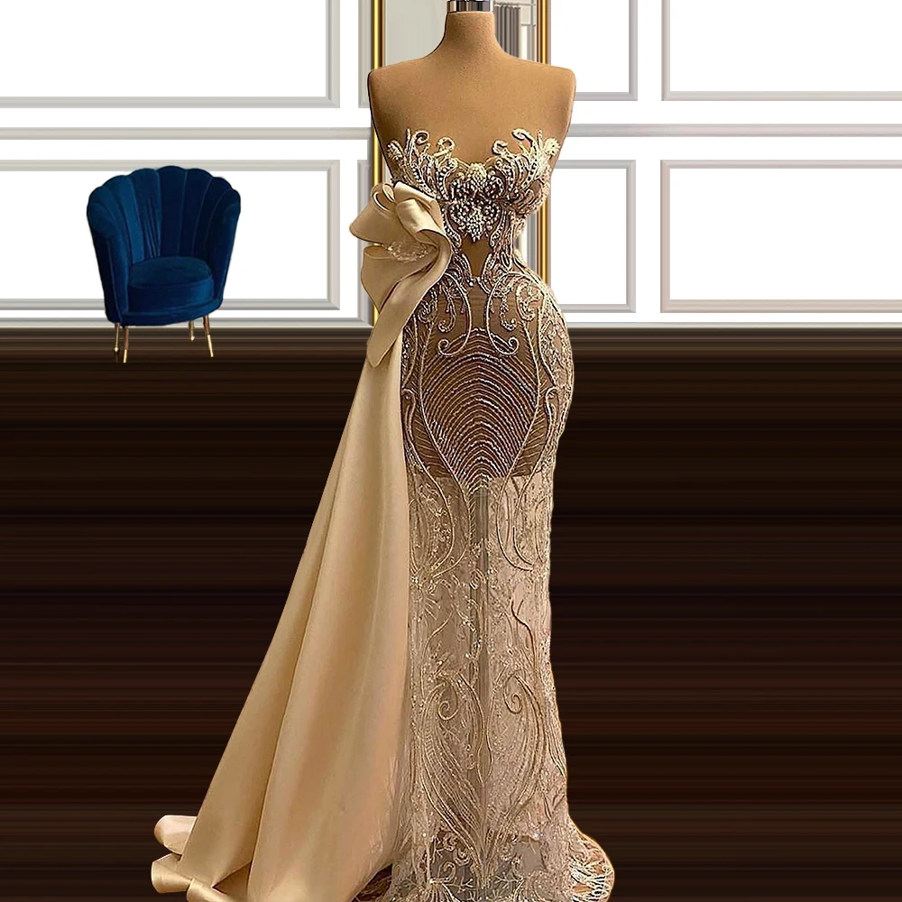 

Sleeveless Tulle Satin robe de soire de mariage Illusion Mermaid Evening Dresses 2021 vestidos de fiesta robe longue femme