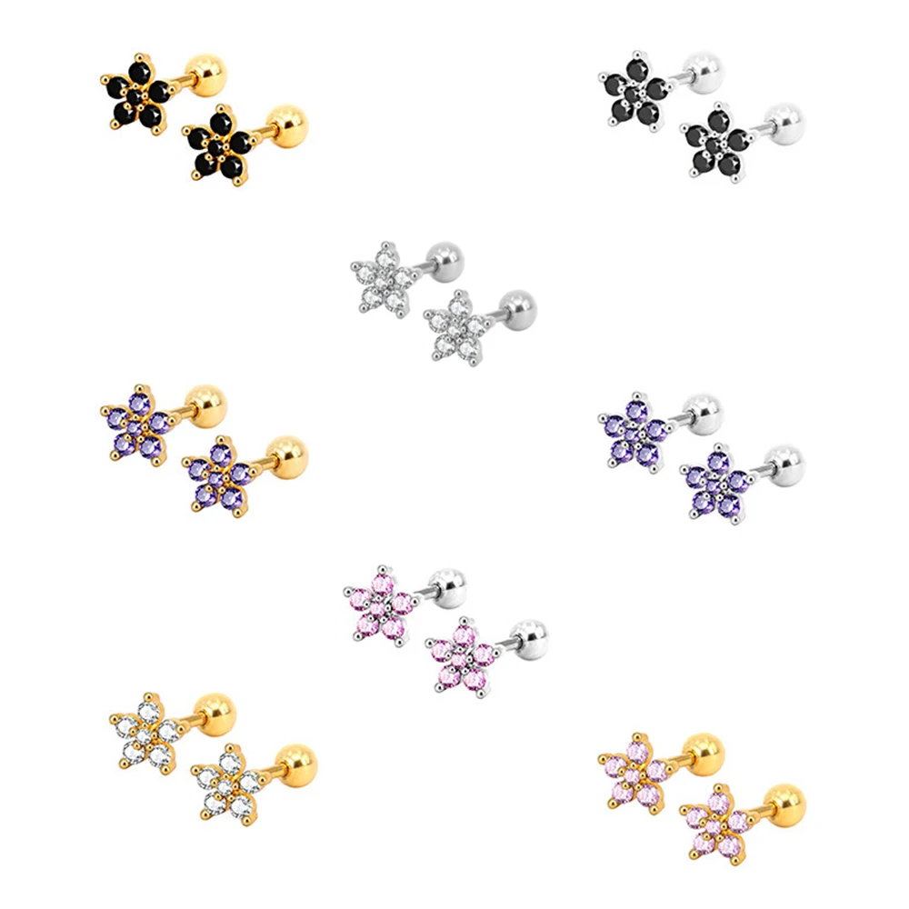

Five Round Crystals Flower Earrings Circles Loops Zircon Flower Screw Back Stud Earrings For Women Girls Gold Color Jewelry