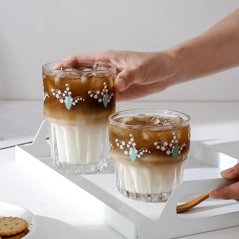 Цветочная чашка с ландышами кофейная в Корейском стиле Ins Wind Ice стеклянная для