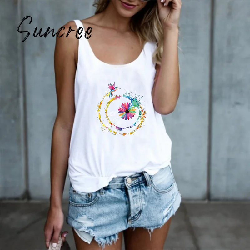 

SUNCREE Modal Sleeveless Tank Top Woman Casual Fashion Home Cozy Summer Clothes for Women Cartoon Print Women Tee Shirt 2021