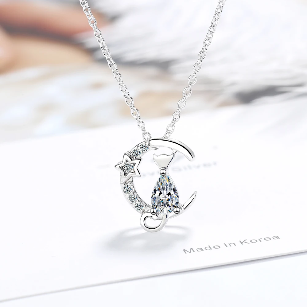 

925 Sterling Silver Cute Moon Star Cat Charm Pendant Necklace Sparkling Cubic Zircon Clavicle Chain Jewelry For Women S-N521