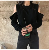 womens fall loose long sleeved short sweater korean style y2k tide hedging new chic off shoulder top hong kong style streetwear