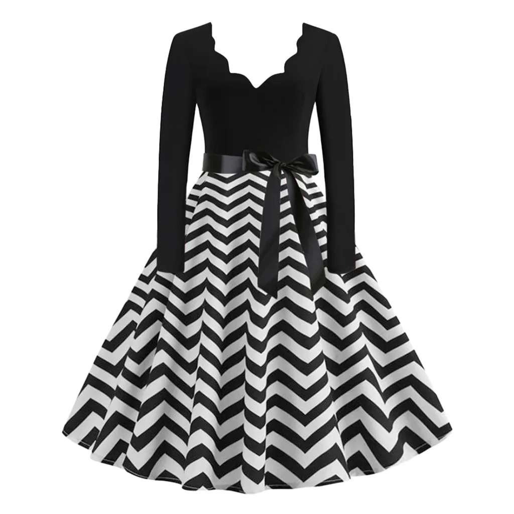 Платье на Новый год Черное и белое платье в полоску женское трапециевидной формы