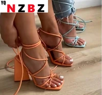 womens thick heel sandals bandage solid square toe western style ladies shoes fashion outdoor elegant new women sandalias 2021