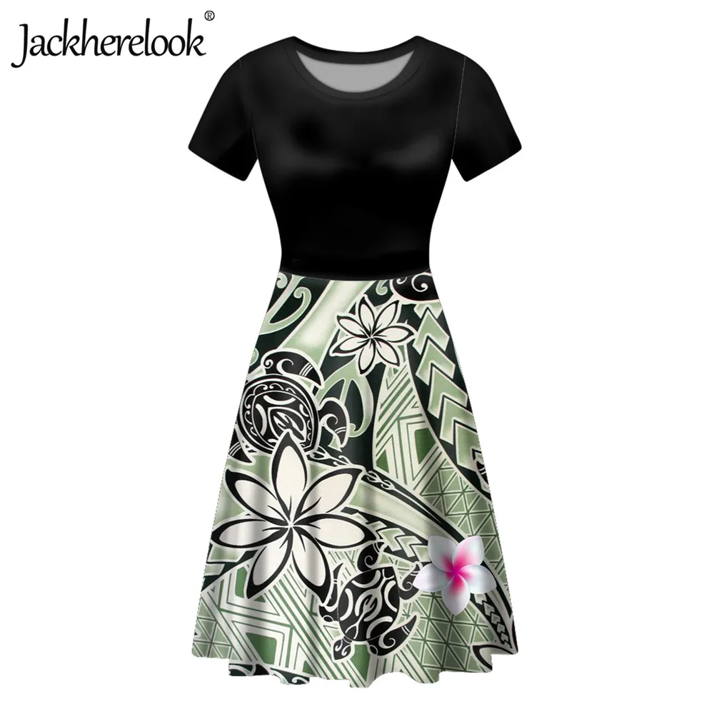 

Jackherelook Polynesian Traditional Tribal Turtle Print Women Midi Party Dress Lady Short Sleeves A Line Vestidos O Neck Dresses
