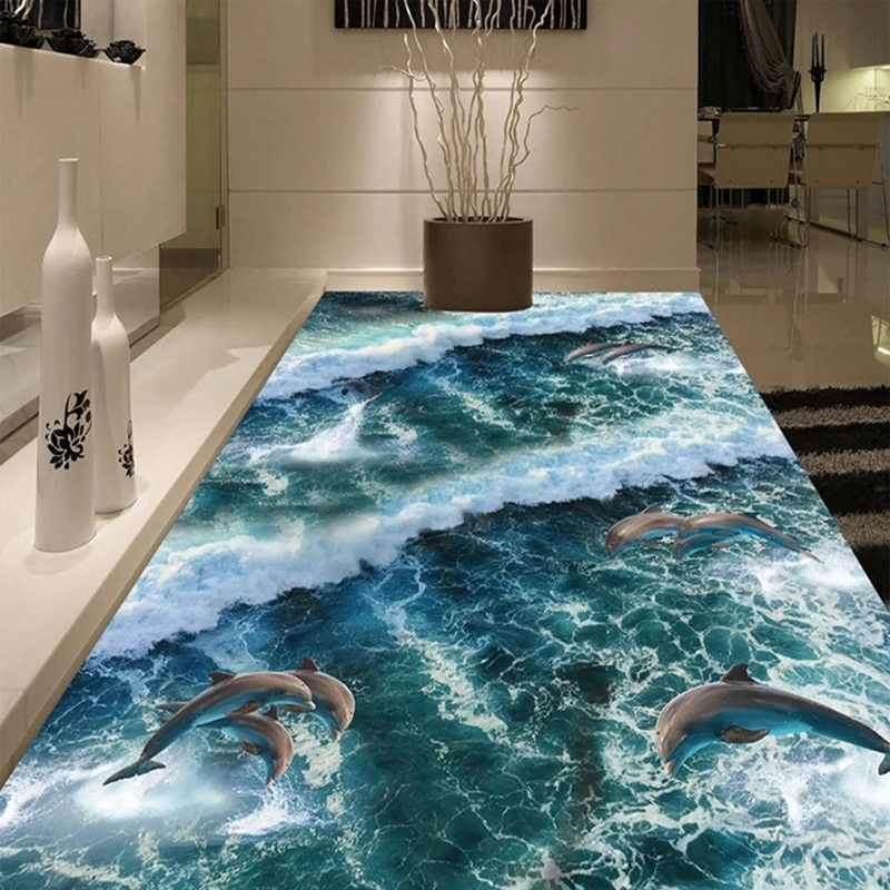 

Custom 3D Photo Blue Ocean Waves Dolphins Floor Painting PVC Self-adhesive Murals Sticker for Bathroom Corridor Tiles Decoration