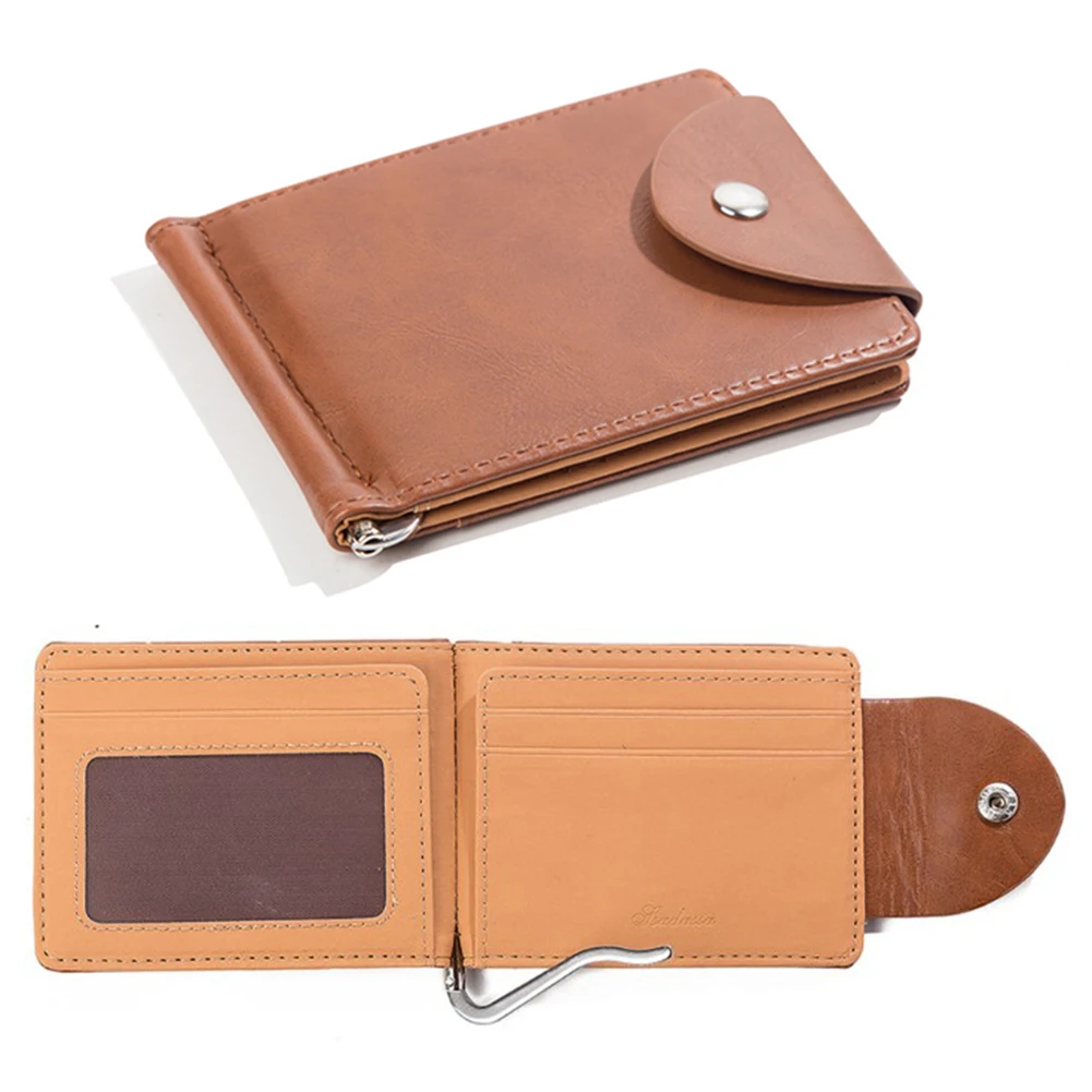 Короткий кошелек для мужчин металлический кожаный тонкий бумажник с зажимом