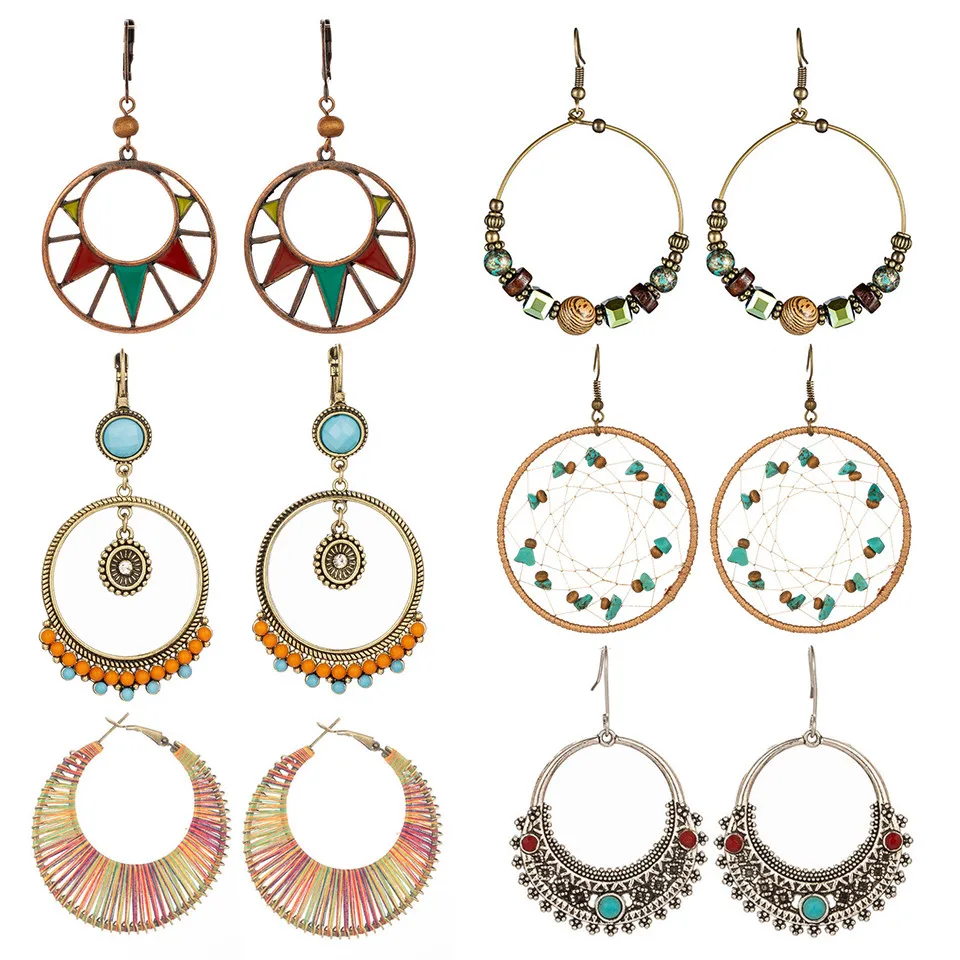 Этнические Чешские Урожай Ретро Большой Круглый Круг Серьги Падения Смолы Камни