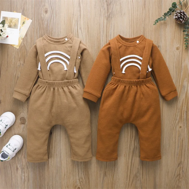 

New Born Clothing Romper Tops Suspender Pants Suit Long Sleeve Rainbow Print Shirt Casual Loose Baby's Sets