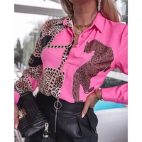women fashion chain print shirt lady long sleeve blouse turn down collar pocket button design casual tops