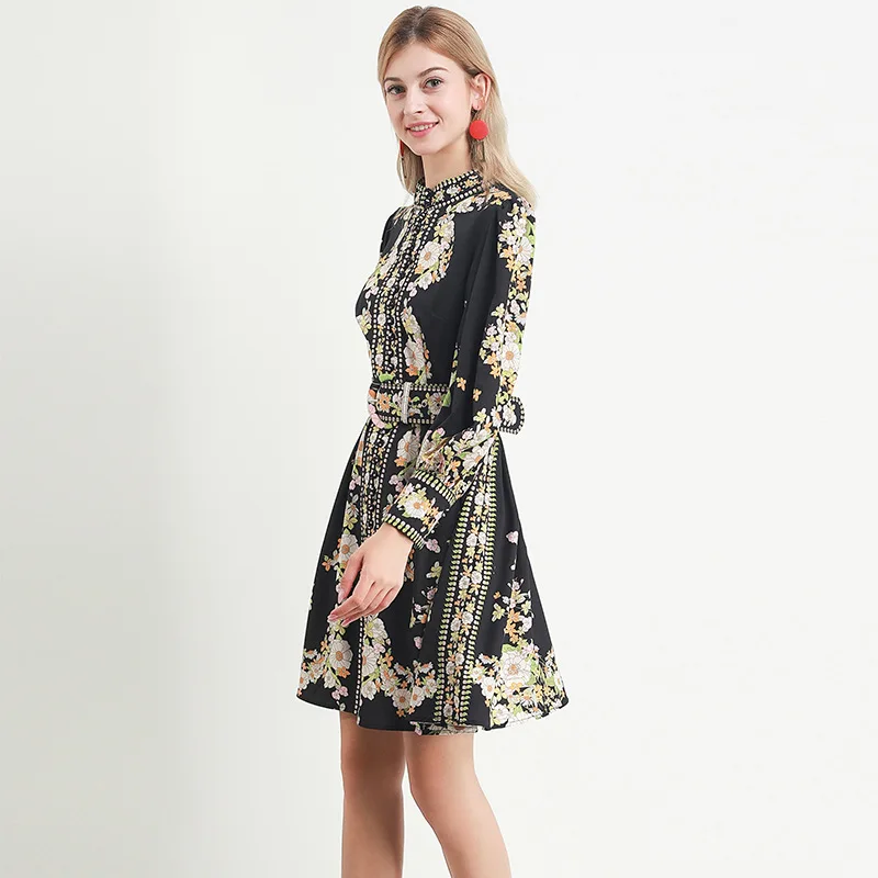 

Spring New Half Turtleneck Single-Breasted Dress with Belt Long Sleeve Tight Waist A- line Elegant Graceful Women's Dress