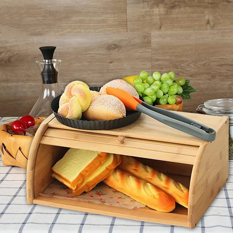 

40x27x17CM Natural Bamboo Bread Rack Food Storage Container Kitchen Roll Top Bread Storage Box Kitchen Supplies