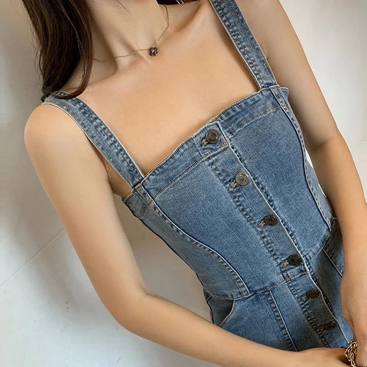 

Summer Sexy Denim Sundress Dress For Women Strap Overs Jeans Button Blue Club Slim Dress Vestidos Mujer New robe femme ete 2020