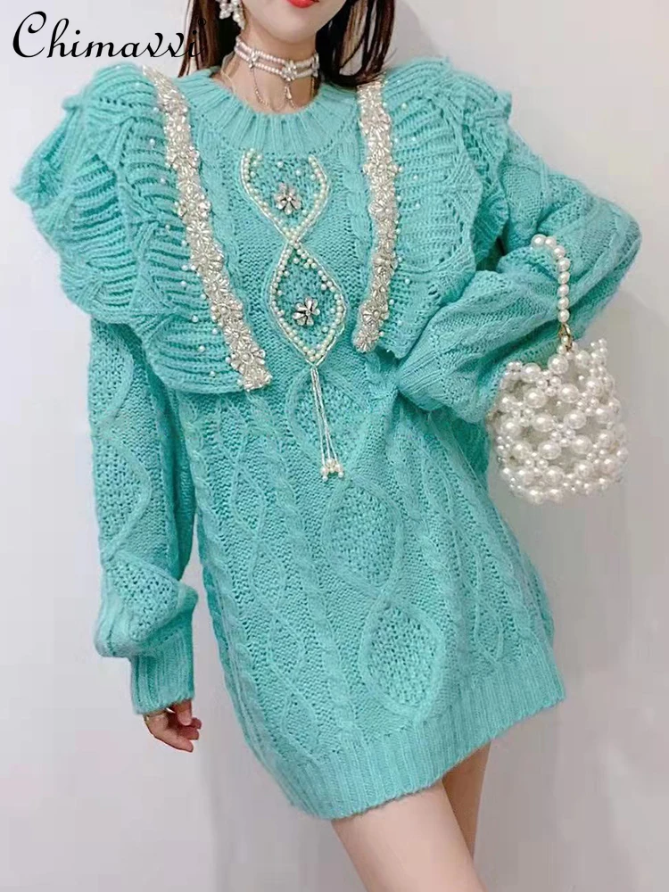 

Women's Thick Sweater 2021 Winter New Korean Style Fashion Fairy Round Neck Knitted Top Ladies Beads Ruffled Stitching Knitwear