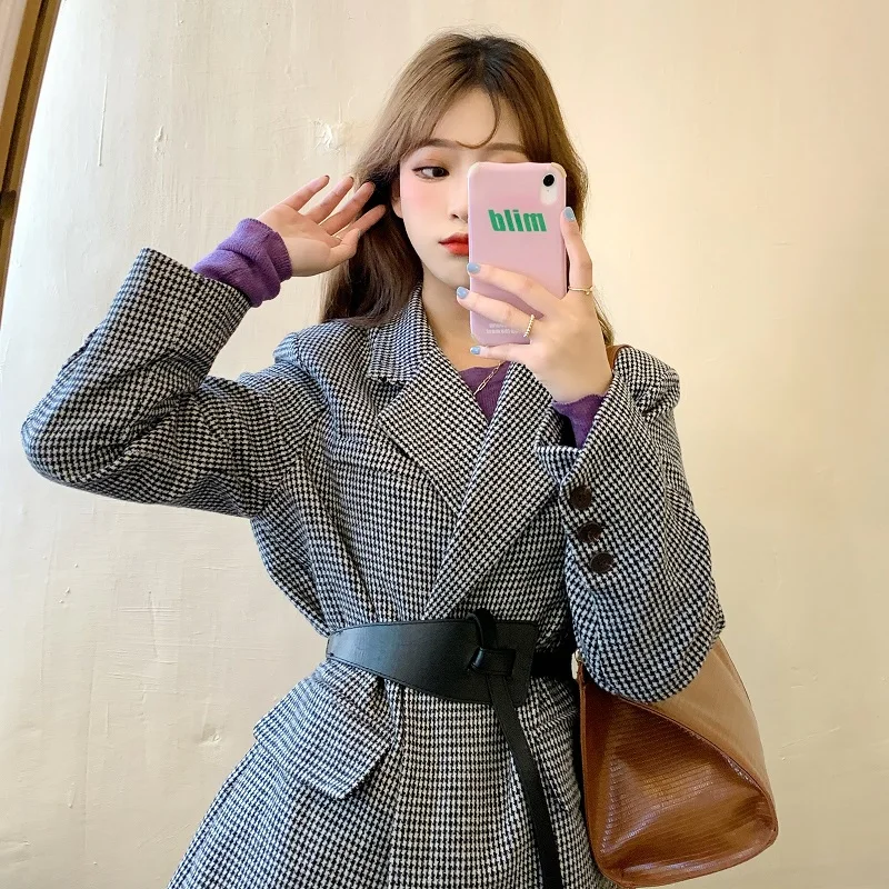 

Autumn Winter Vintage Houndstooth Woolen Blazer Jackets for Women Double Breasted Belted Slim Female Outwear 2021