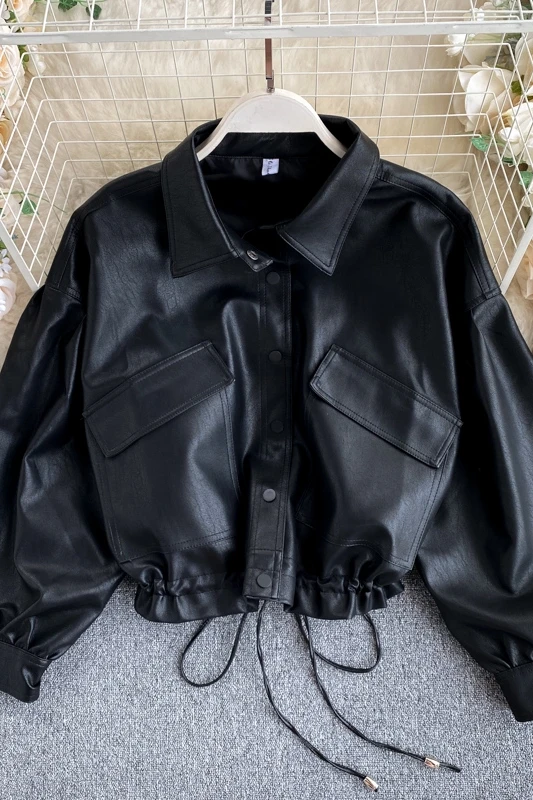 

Women Clothes 2021 Spring Streetwear Fashion Korean Coat Vintage Loose Casual Leather Long Sleeve Coat Crop Black Biker Jacket